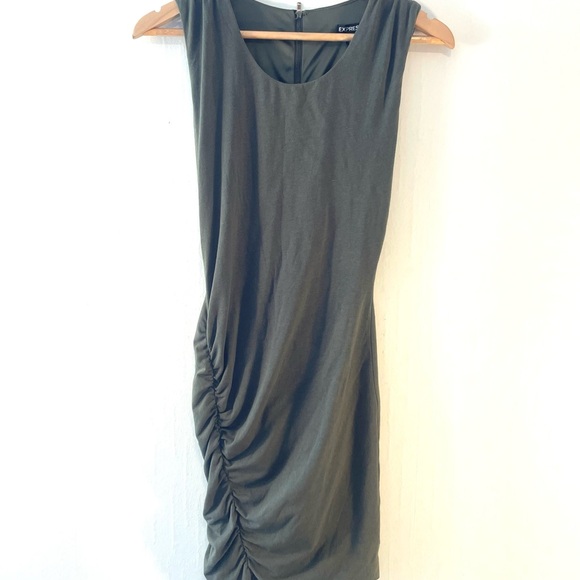 Express Olive Midi Dress with Ruched Detail - Picture 2 of 6